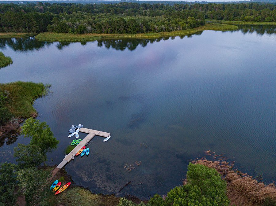 Aerial shot of a dock at Lake Bastrop South Shore Park